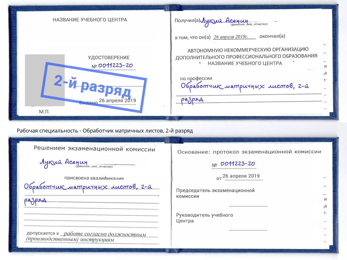 корочка 2-й разряд Обработчик матричных листов Кумертау